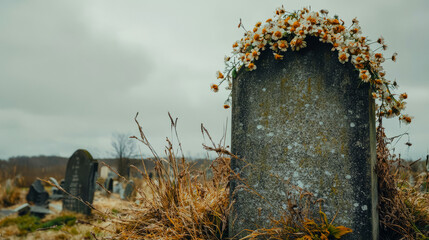 Old weathered tombstone with a wreath of white flowers, a haunting reminder of mortality in a cemetery.