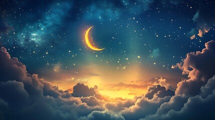 Fototapeta premium Starry Sky with Crescent Moon and Clouds