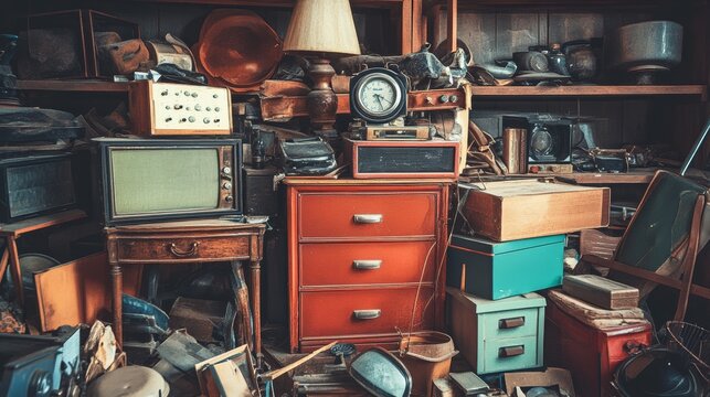 Old antiques and retro collectibles memorabilia dumped in a huge pile. Garage sale attic room storage conceptual still life or disposal and recycling of outdated objects. Vintage style filtered photo - Powered by Adobe