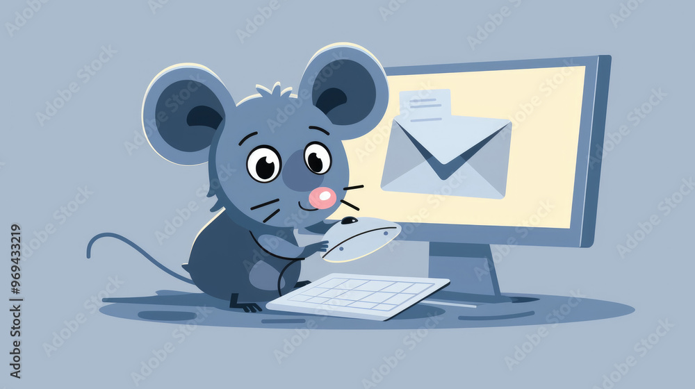 Poster a playful cartoon mouse is using a mouse and keyboard in front of a computer showing an envelope on 