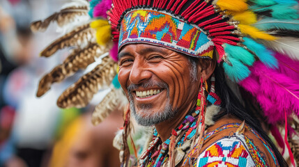 Fototapeta premium Native American Man In Traditional Headdress And Clothing, Smiling. Colorful Feathers And Beads. Cultural Heritage.