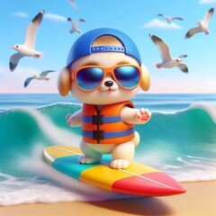 Babydoge auf einem Surfbrett