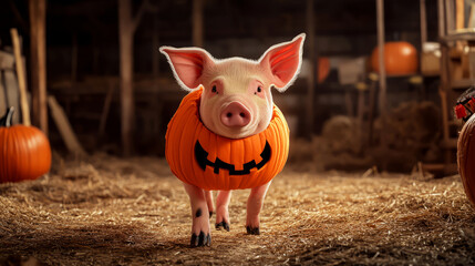 Cute Piglet In A Pumpkin Costume Standing In A Barn. Halloween Farm Animal.