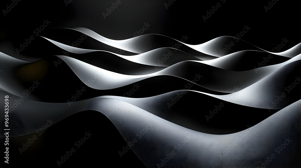 Poster a smooth, flowing abstract design with waves and gradients in a dark setting.