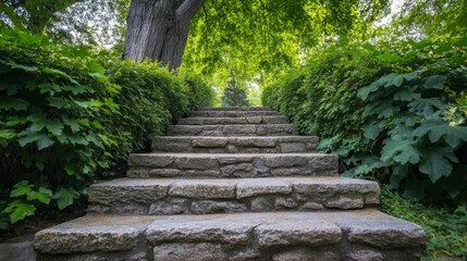 Looking up at well worn caved stone steps in public park leading upwards through big trees and bushes