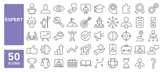 Set of 50 line icons related to expert, expertise, experience, knowledge, skill, specialist, competence, professional, manage, Editable stroke. Vector illustration
