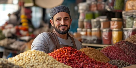 A smiling vendor stands proudly at his colorful spice stall. The vibrant display of spices draws attention. Perfect for food blogs or travel articles. Capture the essence of local markets. AI