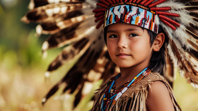 Young Native American Boy In Traditional Headdress With Feathers.