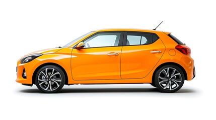 Obraz premium An orange hatchback car pops against a white backdrop with its vibrant color.