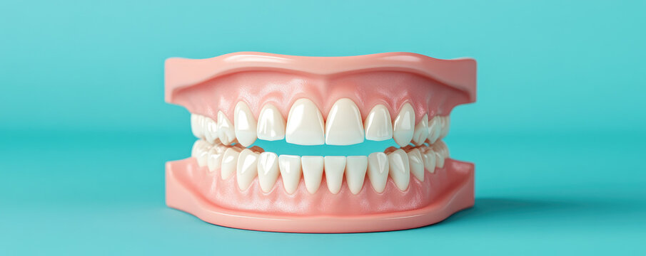 Detailed view of a full denture showcasing realistic features. Ideal for dental education, marketing, or patient information.