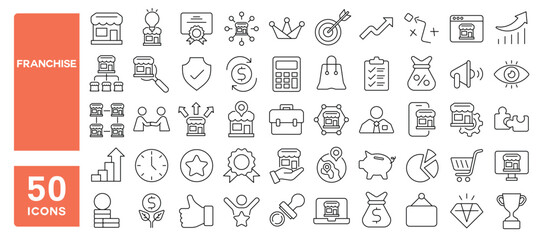 Set of 50 line icons related to franchise, shop, business, license, royalties, chain, expansion, model, branches, market, franchisor, Editable stroke. Vector illustration