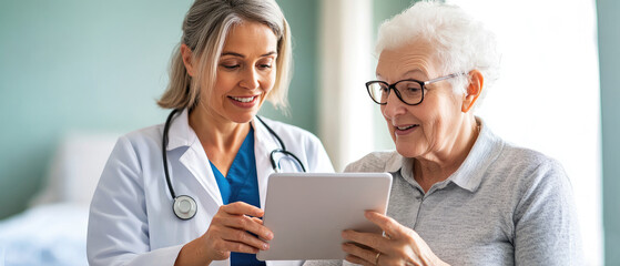 A smiling female doctor and her senior patient review therapy options on a tablet in a contemporary healthcare setting, highlighting patient-centered care and technology in medicine.