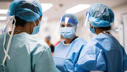 Team of medical professionals discussing surgical procedure in hospital operating room