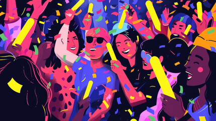 Excited partygoers enjoy a lively atmosphere filled with confetti, glow sticks, and joyful energy during a night celebration