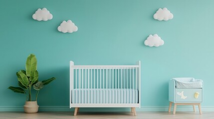 A modern nursery with a pastel blue crib, matching blue wall accents, and soft cloud decals on the walls, Digital Art, Cozy and dreamy