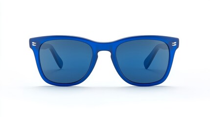 Blue bold square wayfarer horn rimmed sunglasses with blue matte lenses and thick frames isolated on white background. Front view.