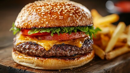 Burger with fries on rustic board