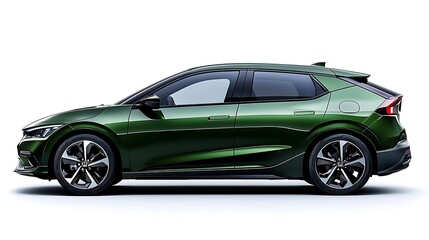 A green modern luxury sedan, compact and electric, stands ready for the road.