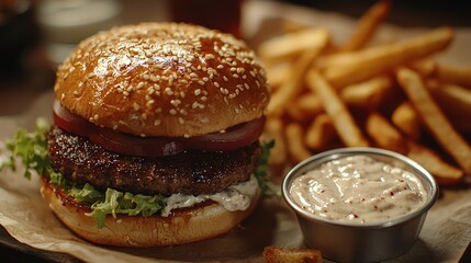 Top-down burger with fries and dip