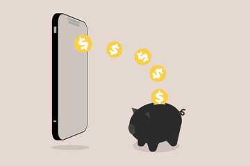 Mobile phone with flying gold coins and piggy bank. concept of Saving money,  deposit and investment for financial app or online service