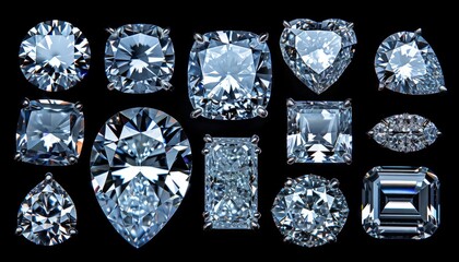 A collection of different cut shaped diamonds, including oval shaped and marquise shaped diamonds, as well as heart shaped diamonds and emerald cut cushion shaped diamonds, in white gold on a black ba