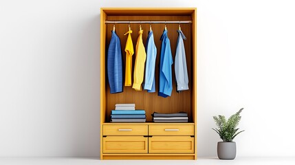 A modern wooden wardrobe houses neatly hung shirts, a drawer, and a plant, combining nature with simplicity.