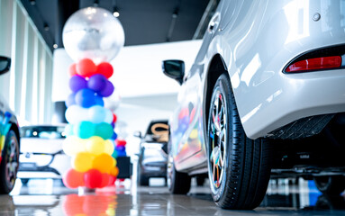 Car parked in luxury showroom. Car dealership office. Car showroom business. New car parked in...