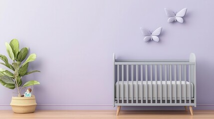A pastel-colored nursery with a gray crib, soft lavender walls, and butterfly decals, 3D rendering, Sweet and serene