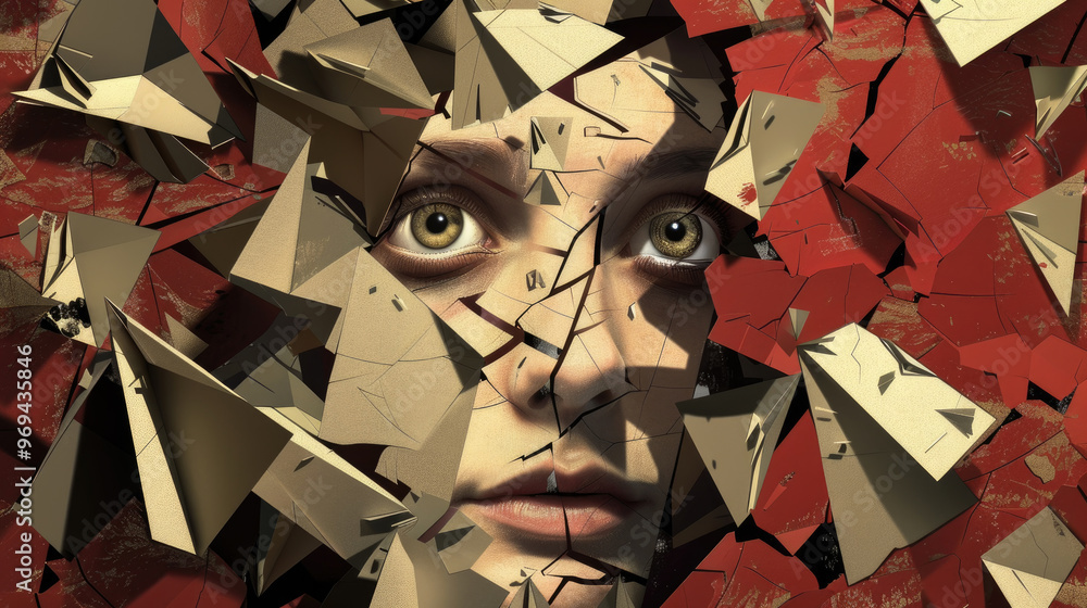 Poster a close-up view of a face partially revealed through shattered geometric shapes, creating a dramatic