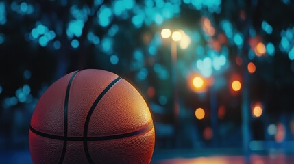 Close-up of a basketball on a court with blurred lights.