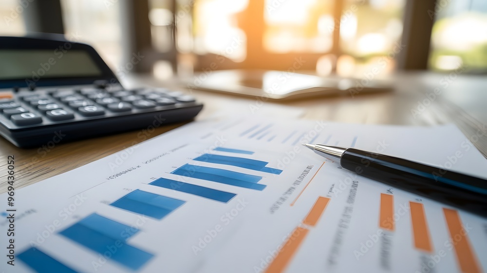 Poster close-up view of a business planning document with financial graphs and calculator