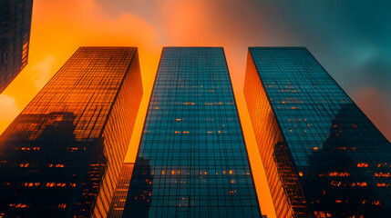 A striking view of three skyscrapers against a vibrant orange and blue sky at sunset.