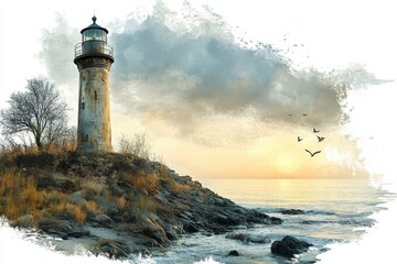 Naklejka premium Lighthouse on a Rocky Coast at Sunset