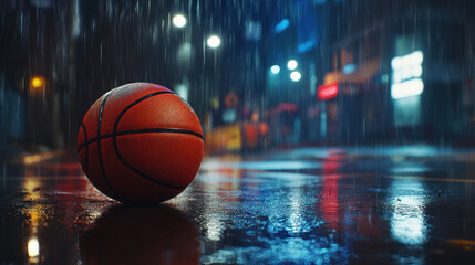Basketball on wet street with neon reflections nighttime