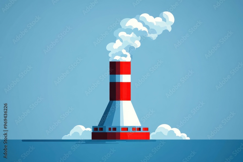 Poster a simplified depiction of a cooling tower with steam rising in smooth curving lines showing the nucl