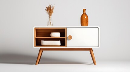 A modern white sideboard cabinet with wooden legs and natural decor brings minimalist beauty to the space.