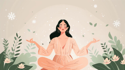 Obraz premium A woman sits cross-legged in meditation, surrounded by lush plants and flowers, embodying tranquility and mindfulness amid nature's beauty