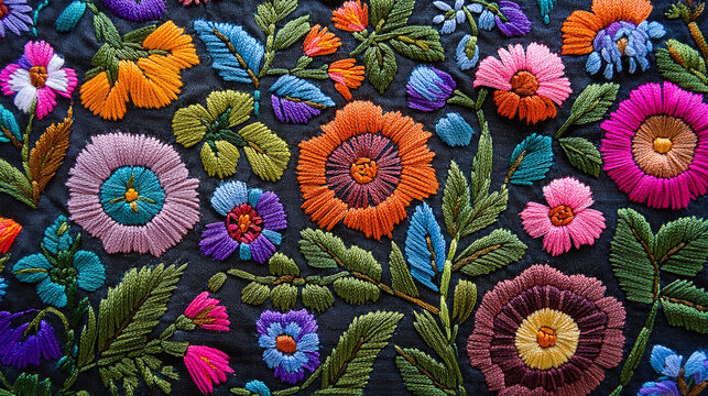 Colorful traditional Andean floral embroidery background, peruvian art style. Hand embroidered fabric with vibrant flowers and patterns on dark blue canvas