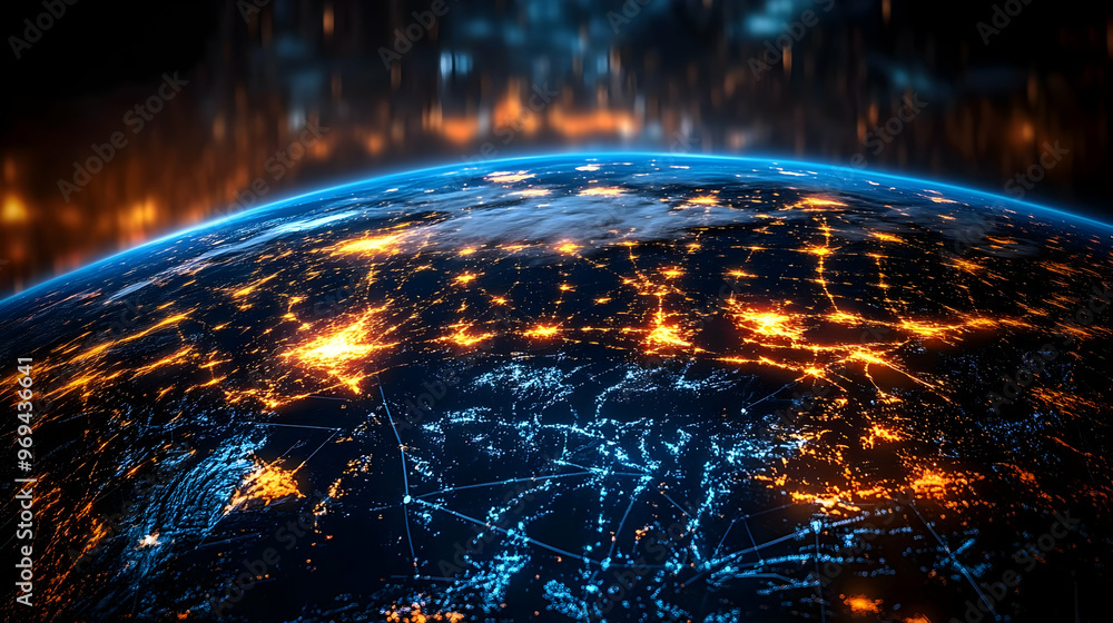 Poster a stunning view of earth from space, showcasing illuminated networks and geographic features.