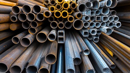 Steel tubes metal tube profiles calibers for construction structures round different diameter and type sizes pipes industrial angle isolated steel profiles metal stacks