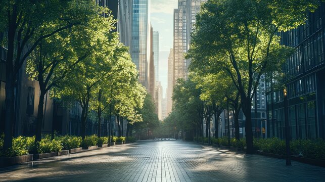 Morning sunlight city street with green shaded walkways - Powered by Adobe