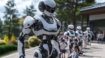 Fototapeta premium Robot Teacher Standing and Teaching Children, Illustrating the Future Growth of Artificial Intelligence in a Realistic Vray Style Background
