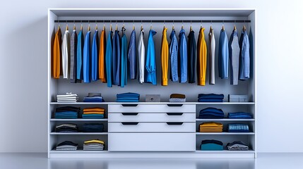 Fototapeta premium A modern white wardrobe with blue and yellow shirts adds a fresh, organized look.