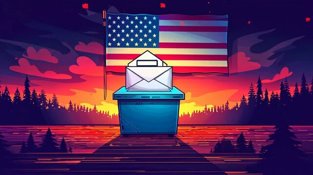 American Election Ballot Box: A powerful and evocative illustration of an American ballot box, casting a long shadow against a vibrant sunset backdrop, symbolizing the importance of civic engagement a