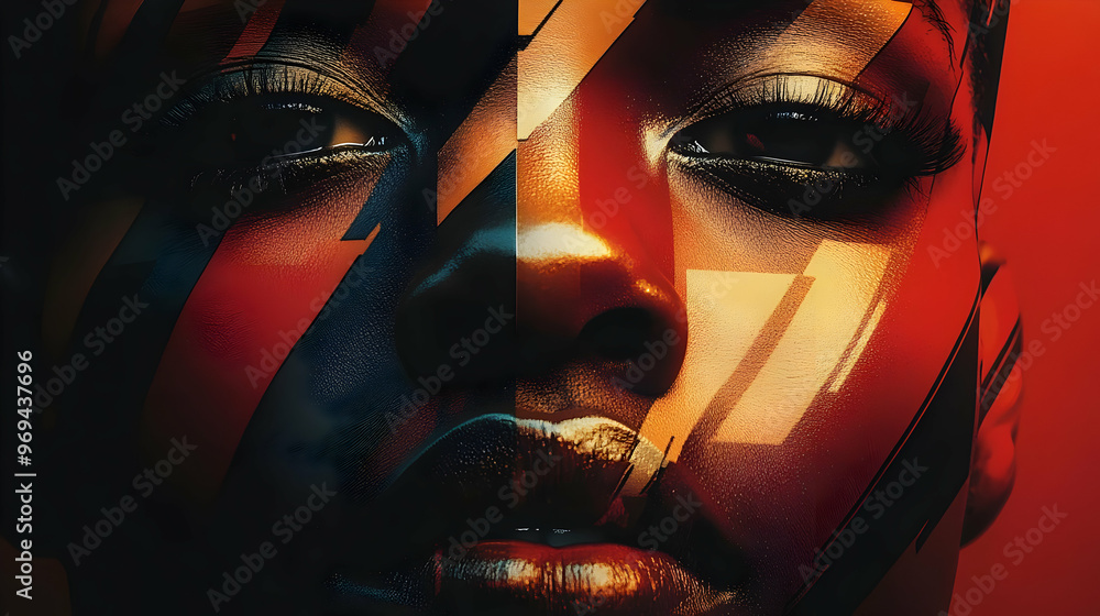 Poster a stylized portrait featuring vibrant colors and abstract patterns on a face.