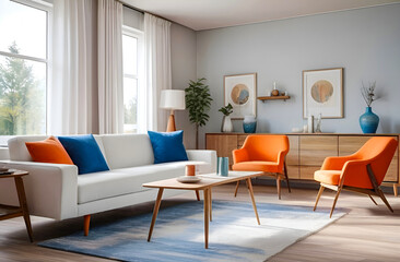 Fototapeta premium Orange armchairs, a white sofa with a wooden chest of drawers and white curtains on the window. Minimalistic interior design of a modern living room 