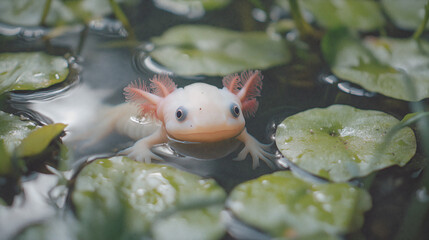 Close-up of an axolotl surrounded by green lily pads in tranquil water