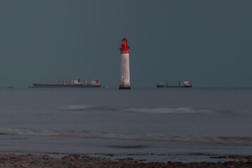Phare de Chauvea near Ile de Re with ships to La Rochelle, Pays de la Loire, France
