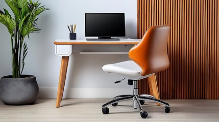 A modern home office desk with a white top and a brown leather chair strikes a stylish balance.