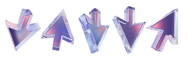 3D glass arrow set, UI glossy transparent pink cursor icon, crystal y2k emblem, direction pointer. Game interface pictogram, website click navigation shape, modern web button. 3D arrow collection